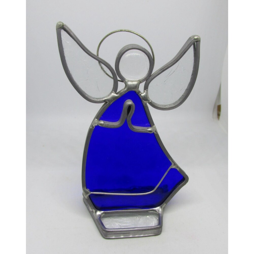 Leaded Stained Glass 5 In Guardian Praying Angel Blue Sun catcher Free standing